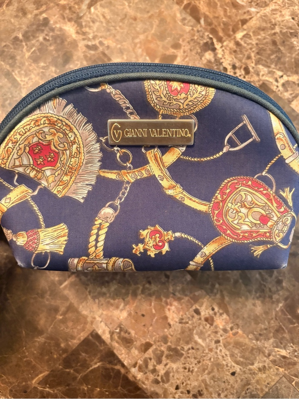 Valentino Cosmetic Pouch in Navy with Gold and Red Accents